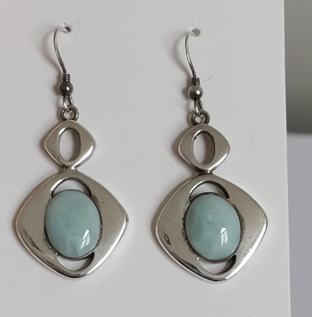 Vintage Sterling Silver Larimar Cabochon Geometric Boho Drop Earrings